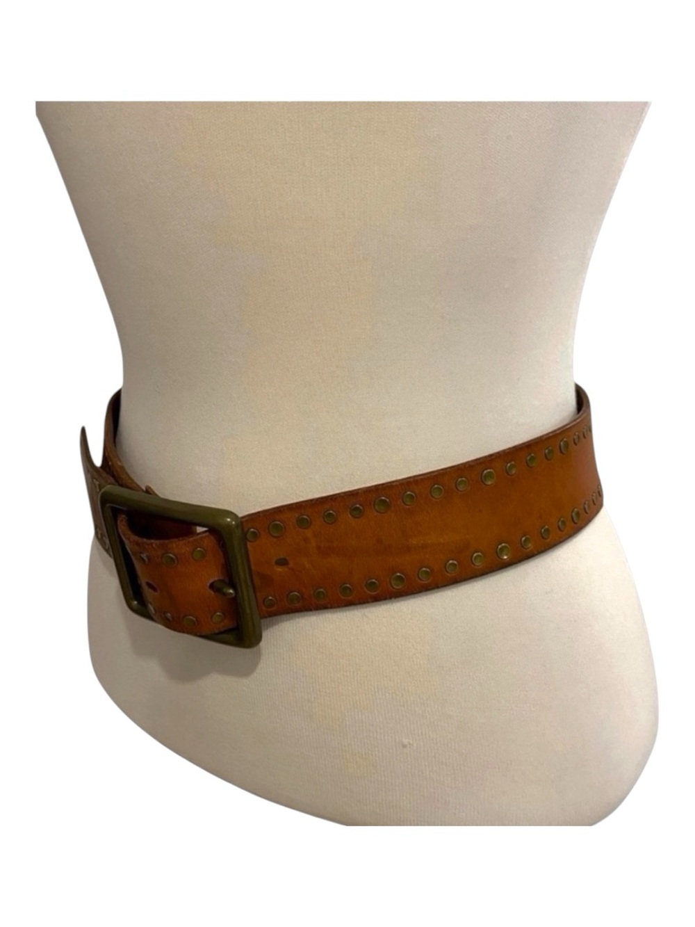 Vintage Brown Studded Leather Belt Brass Buckle Wide Y2K Western Boho Style